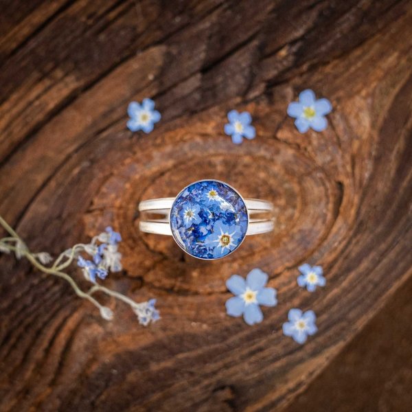 Naturjuwelen - Ring mit Vergissmeinnicht-Blüten, 925er Sterlingsilber